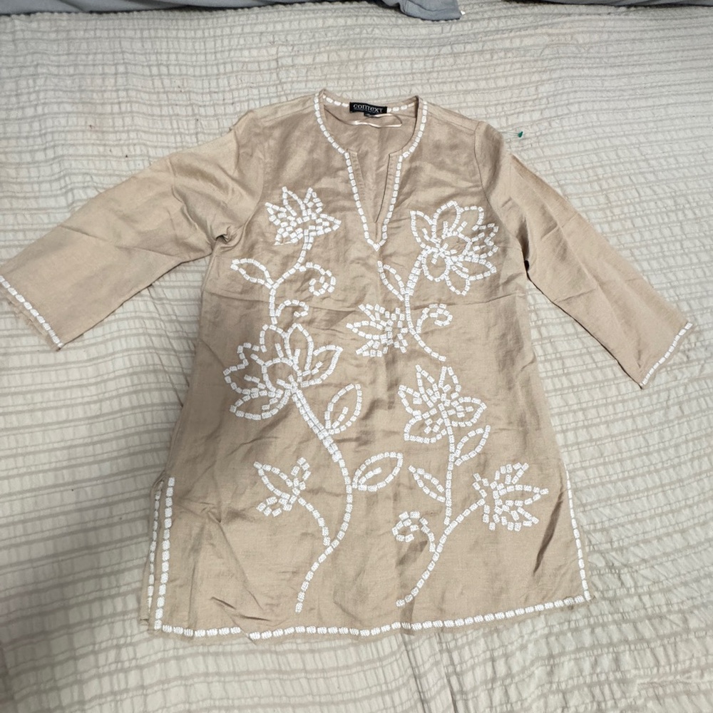 Tan Tunic with White Floral Embroidery